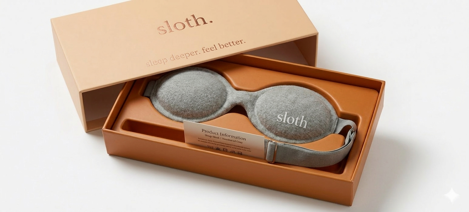 Gray eye masks in a peach box with 'sloth.' rose-gold branding on a white background